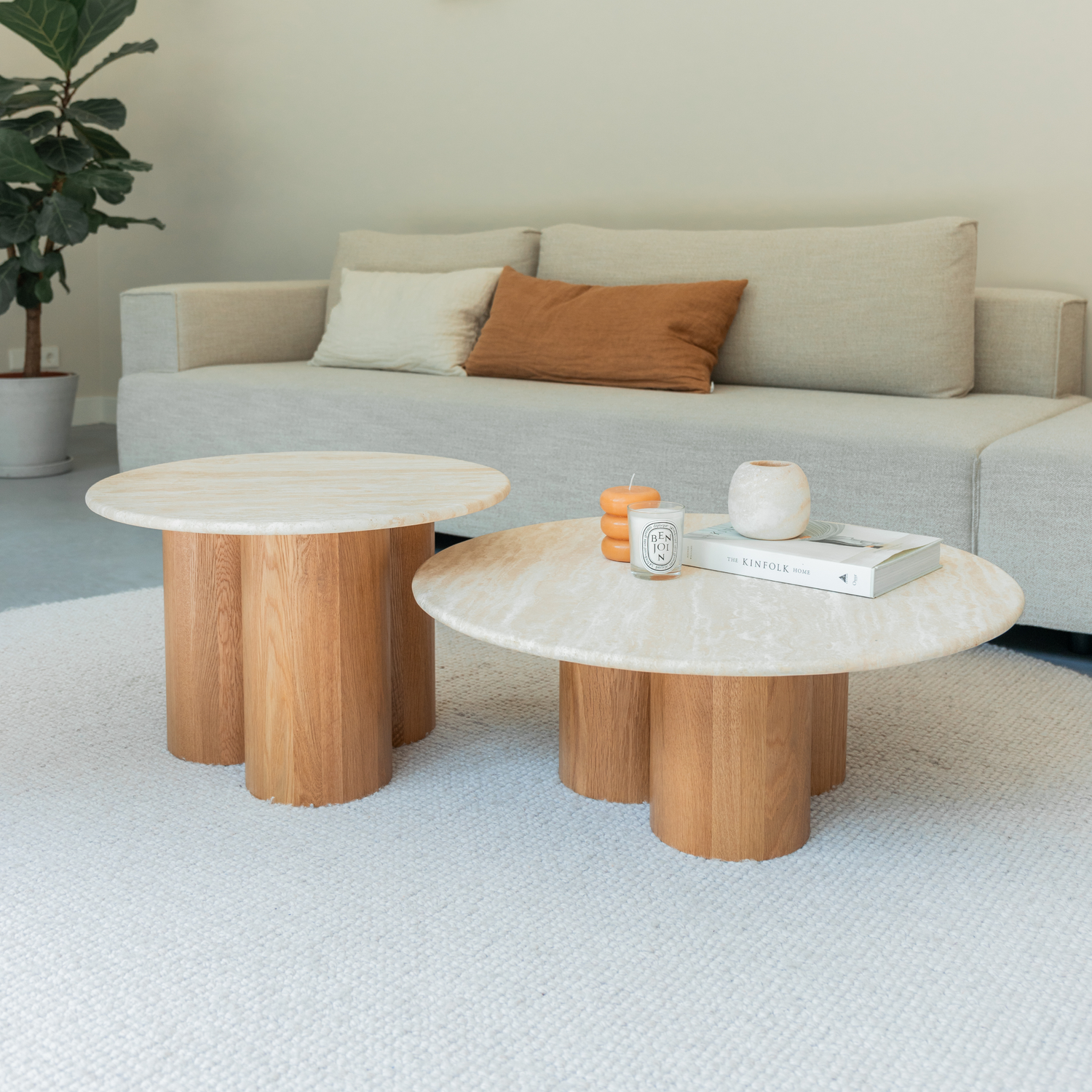 Marmeren salontafelset Ibiza – licht eikenhout