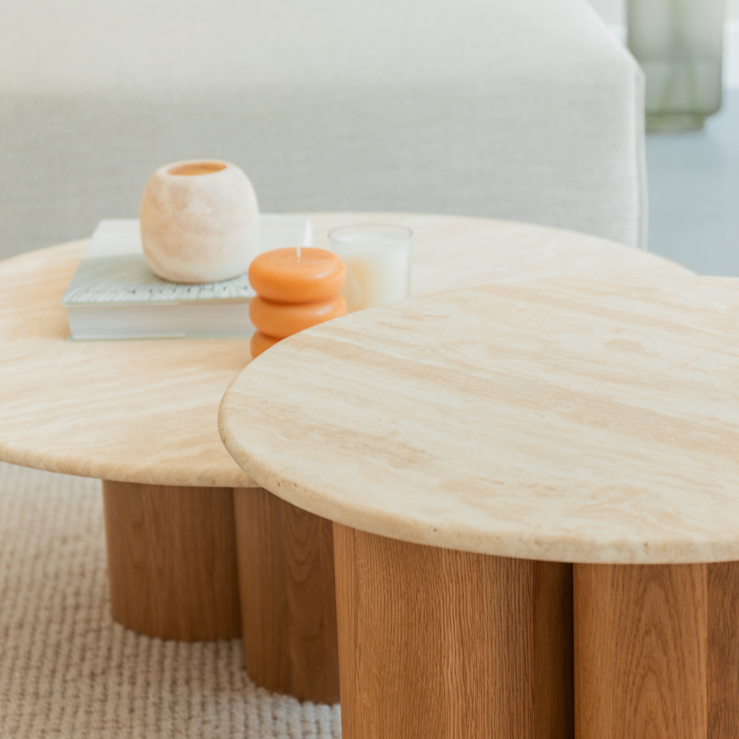 Marmeren salontafelset Ibiza – licht eikenhout